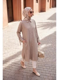 Doğal Kumaş Asimetrik Dikiş Detaylı Gömlek Yaka Tunik 118 cm Vizon