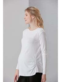 Viskon Körüklü Düz Hamile Uzun Kol T Shirt Beyaz