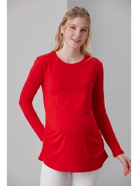 Viskon Körüklü Düz Hamile Uzun Kol T Shirt Kırmızı