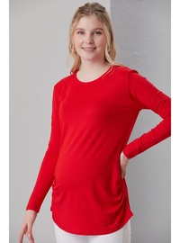 Viskon Körüklü Düz Hamile Uzun Kol T Shirt Kırmızı
