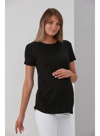 Viskon Körüklü Düz Hamile Kısa Kol T Shirt Siyah