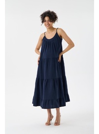 Işıl 1077 Muslin Kumaş Askılı OverSize Hamile Elbise Lacivert