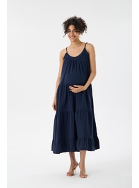 Işıl 1077 Muslin Kumaş Askılı OverSize Hamile Elbise Lacivert