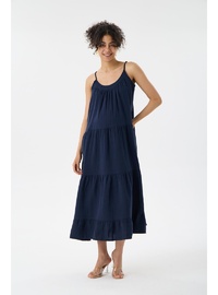 Işıl 1077 Muslin Kumaş Askılı OverSize Hamile Elbise Lacivert