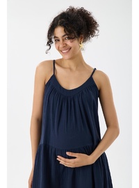 Işıl 1077 Muslin Kumaş Askılı OverSize Hamile Elbise Lacivert