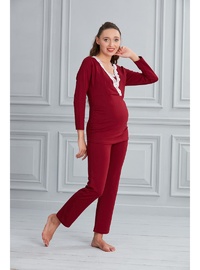 Pamuk Kruvaze Emzirme Detay Hamile Pijama Takım Bordo