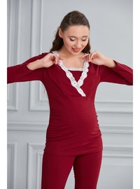 Pamuk Kruvaze Emzirme Detay Hamile Pijama Takım Bordo