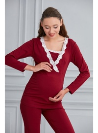 Pamuk Kruvaze Emzirme Detay Hamile Pijama Takım Bordo