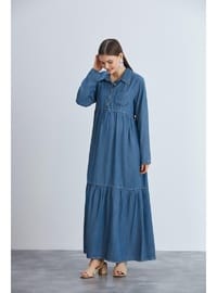 Liyosel Emzirmeli Gömlek Yaka Hamile Maxi Elbise Mavi