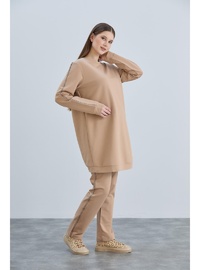 IŞŞIL 4538 Lycra İki İplik Penye Şeritli Hamile Eşofman Takım Bej