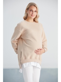 IŞŞIL 6465 Üç İplik Penye Yünlü Hamile Giyim SweatShirt Bej