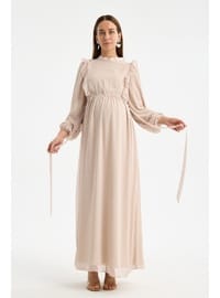 IŞŞIL M0024 Hakim Yaka Mini Leopar Desen Hamile Maxi Şifon Elbise Bej