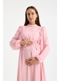 IŞŞIL M0024 Hakim Yaka Mini Leopar Desen Hamile Maxi Şifon Elbise Pembe