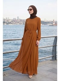 Kolları Lastikli Astarlı Elbise A.kahve