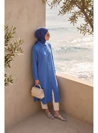 Tam Boy Düğmeli Gömlek Yaka 110 cm Boy Rahat Kesim Tunik İndigo