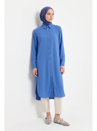 Tam Boy Düğmeli Gömlek Yaka 110 cm Boy Rahat Kesim Tunik İndigo