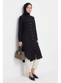 Tam Boy Düğmeli Gömlek Yaka 110 cm Boy Rahat Kesim Tunik Siyah