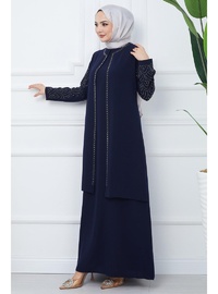 Kolları Taşlı Büyük Beden Anne Elbisesi Lacivert HM2349
