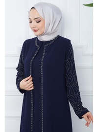 Kolları Taşlı Büyük Beden Anne Elbisesi Lacivert HM2349