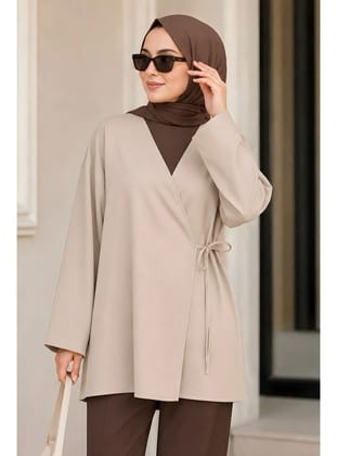 Bej Kruvaze Yaka Yandan Bağlamalı Yazlık Kimono Tunik