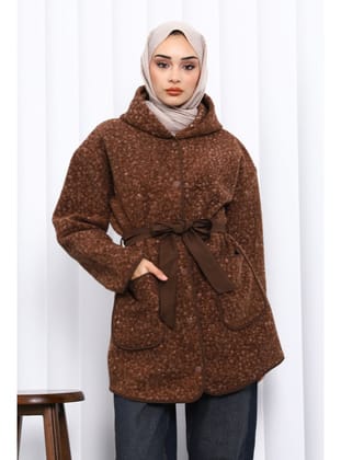 Kahverengi Çırçıtlı Kuşaklı Kaşe Ceket