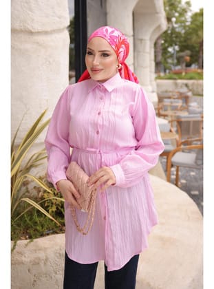 Pembe Bel İp Bağlamalı Tunik Gömlek