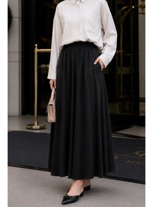 Siyah Bel Lastikli Cepli Tencel Etek