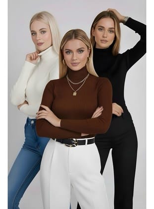 Siyah - Krem - Kahverengi 3'lü Paket Balıkçı Yaka Triko Body