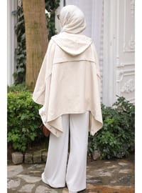 Bej Kapüşonlu Fermuarlı Oversize Panço