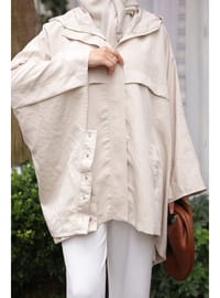 Bej Kapüşonlu Fermuarlı Oversize Panço