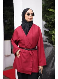 Kemerli Kruvaze Yaka Salaş Ceket Bordo