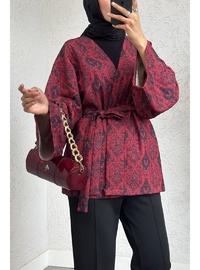 Dijital Baskılı Beli Kemerli Kapitone Kimono Kırmızı