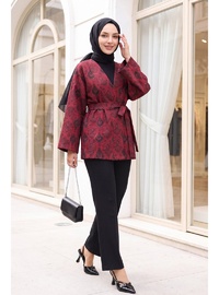 Dijital Baskılı Beli Kemerli Kapitone Kimono Kırmızı