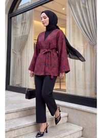 Dijital Baskılı Beli Kemerli Kapitone Kimono Kırmızı