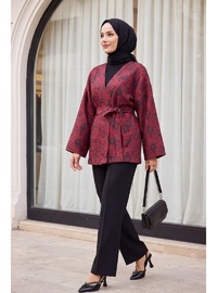 Dijital Baskılı Beli Kemerli Kapitone Kimono Kırmızı