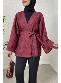 Dijital Baskılı Beli Kemerli Kapitone Kimono Kırmızı