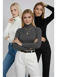 Füme Ekru Siyah 3'lü Paket Balıkçı Yaka Triko Body