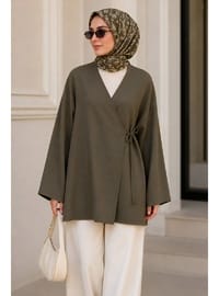 Haki Kruvaze Yaka Yandan Bağlamalı Yazlık Kimono Tunik