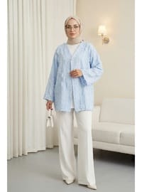 Saçaklı Tek Düğmeli Kare Desenli Kimono Bebe Mavi