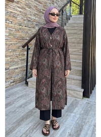 Şal Desen Düğmeli Kimono Y0127 A. Kahve