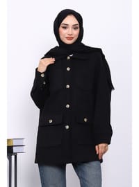 Siyah Cepli Düğmeli Kaşe Ceket