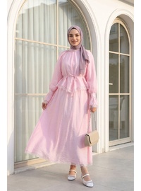 Dantel Detaylı Kemerli Astarlı Flam Tül Takım Pudra