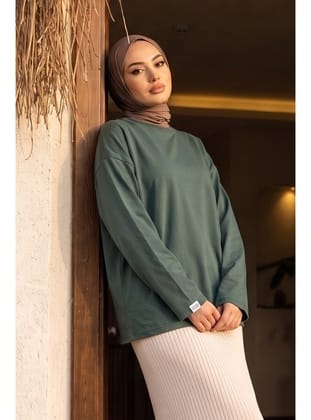 Bisiklet Yaka Uzun Kollu Oversize Penye Sweat -Haki