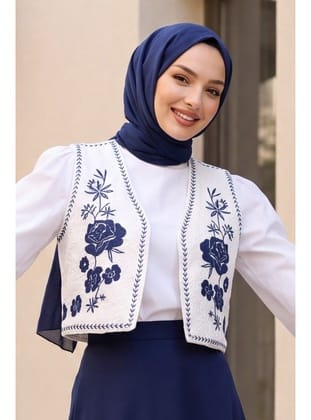 Çiçek Nakışlı Astarlı Desenli Yelek -Beyaz
