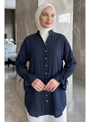 Degaje Yaka Çizgili Gömlek Y0121 - LACİVERT