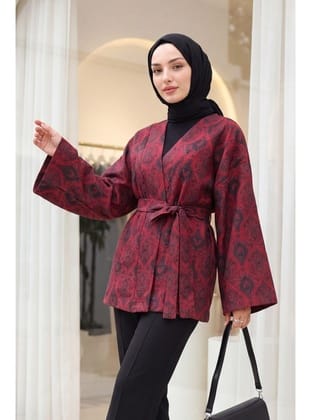 Dijital Baskılı Beli Kemerli Kapitone Kimono -Kırmızı