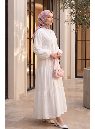Parçalı Düğme Detaylı Elbise -Beyaz