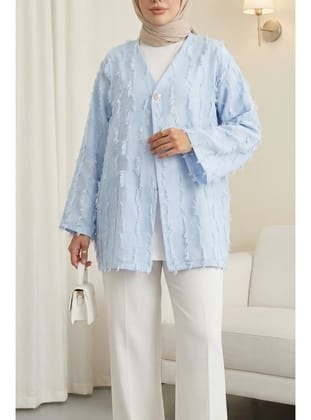 Saçaklı Tek Düğmeli Kare Desenli Kimono -Bebe Mavi