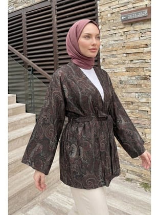Şal Desen Kuşaklı Kimono 2375 - ACI KAHVE