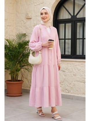 V Yaka Yarım Düğmeli Kolu Lastikli Parçalı Müslin Elbise  -Pembe